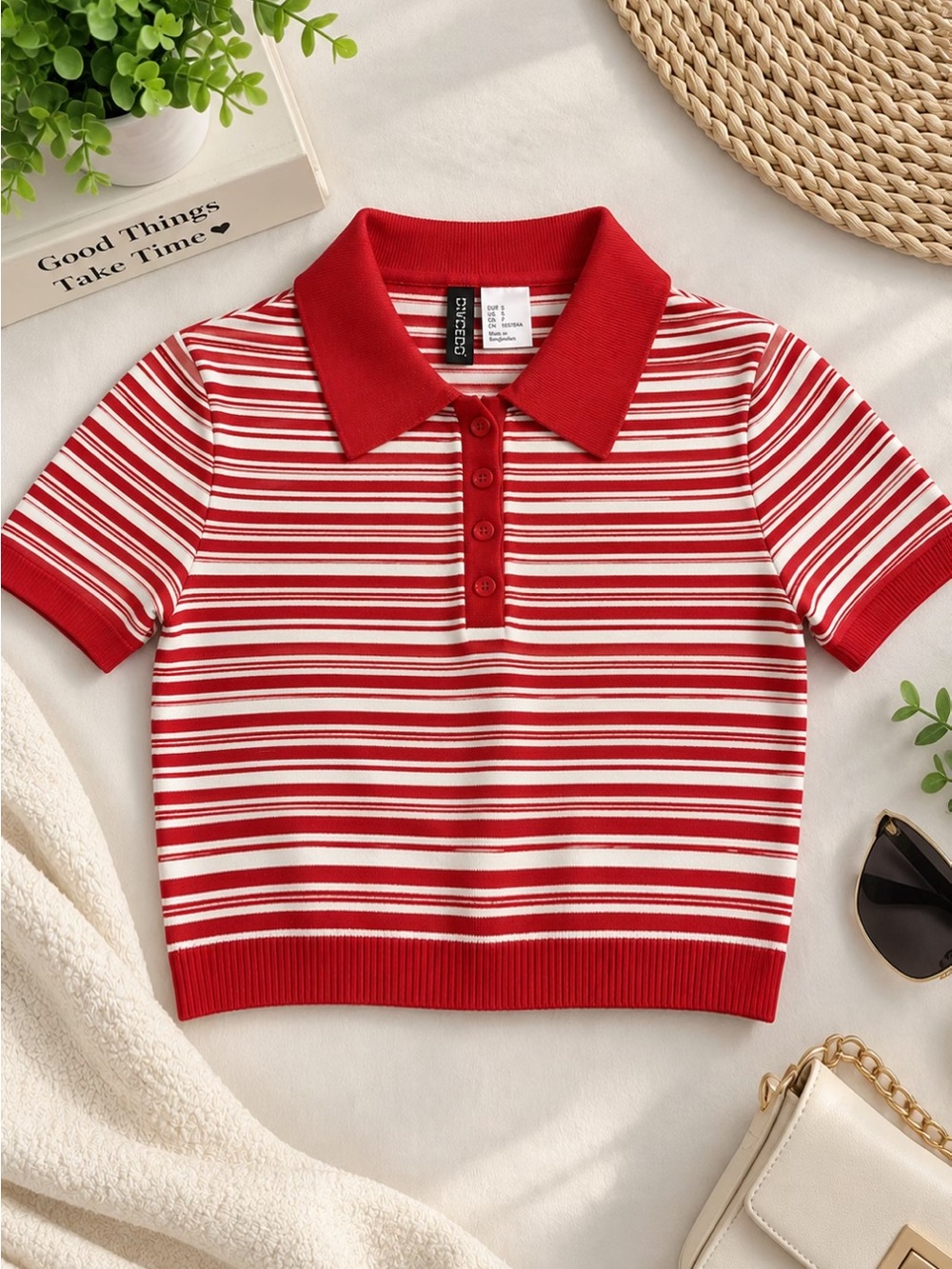 Divided Red & White Striped Polo Crop Top